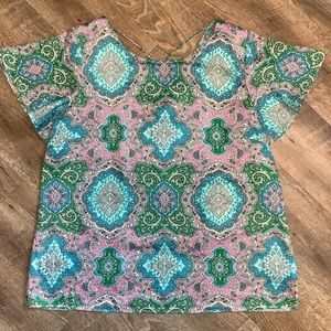 Talbots XL Blouse Flutter Sleeve Blue Pink Green Criss Cross Back Poly Side Zip